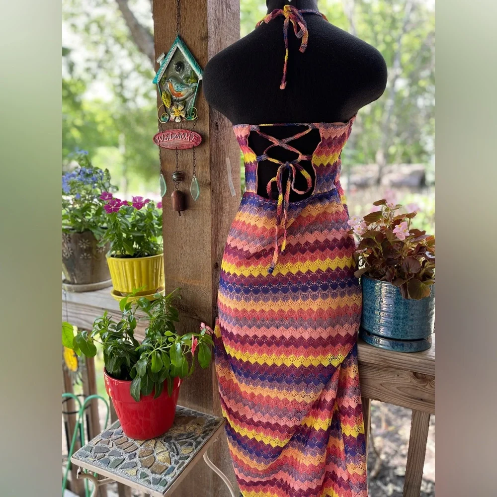 Wild Fable Halter Multi-Color Lace Overlay Strappy Backside Maxi Dress NWT M - Picture 8 of 9